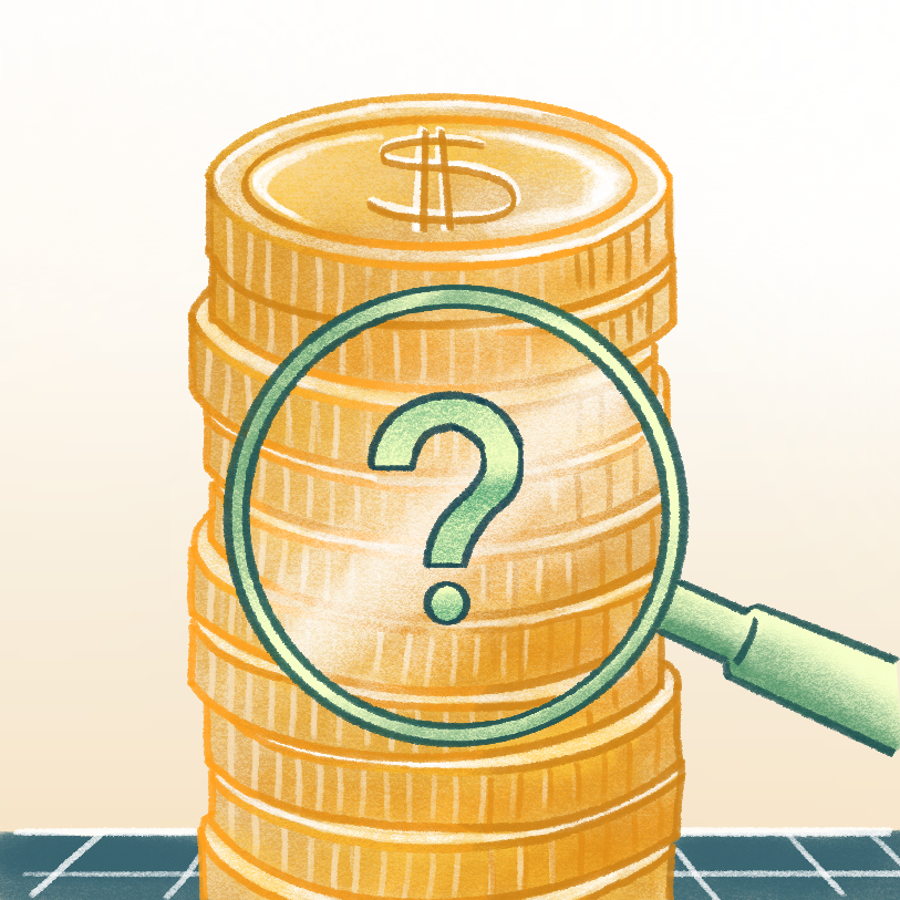 Stack of gold coins under a magnifying glass with a question mark
